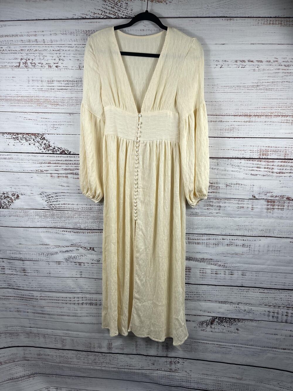 Commense Dress Women's XS White V Neck Button Front Empire Waist Maxi Gown Boho
